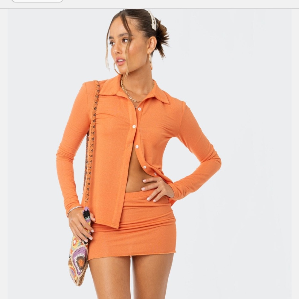 ORANGE EDIKTED MINI SKIRT SET